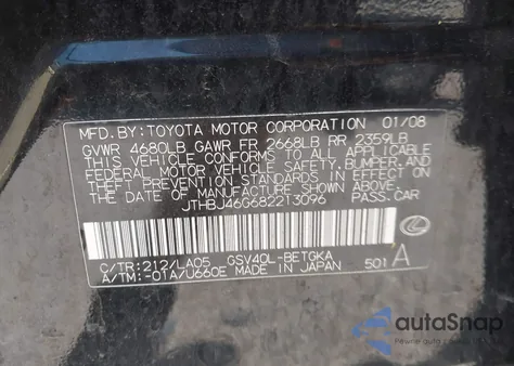 2008 Lexus Es 350 z USA, uszkodzony, nr VIN JTHBJ46G682213096